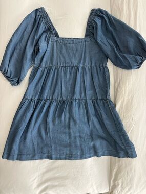 Denim-Effect Blue Midi Dress with Puff Sleeves